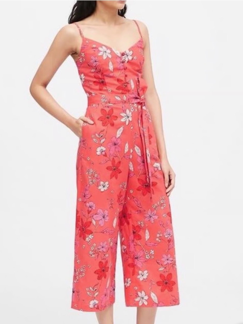 Banana Republic Floral Spaghetti-Strap Wide-Leg Crop Jumpsuit in Coral Size 8